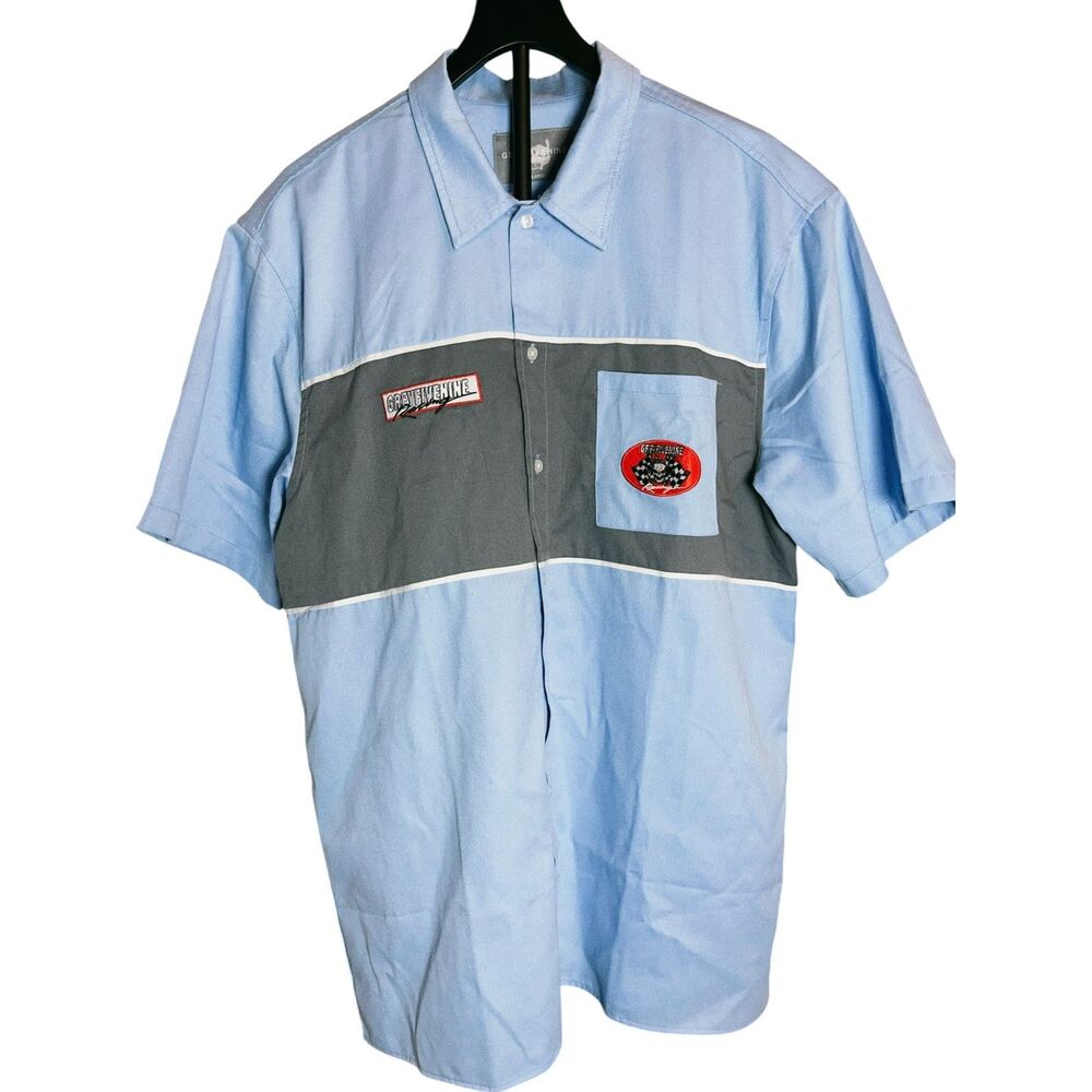 Greyfivenine Records Work Shirt Men's XXL Blue Gray Button Up Skull Racing